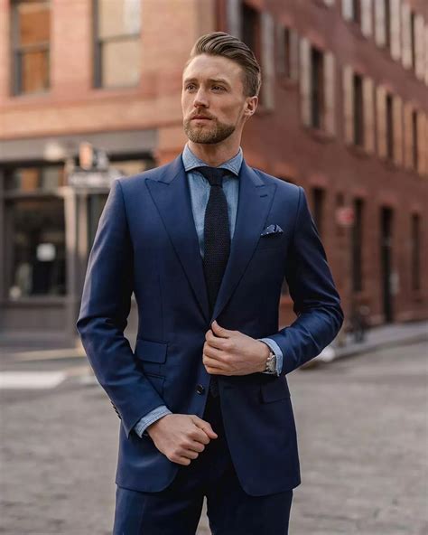 navy suit with blue shirt.